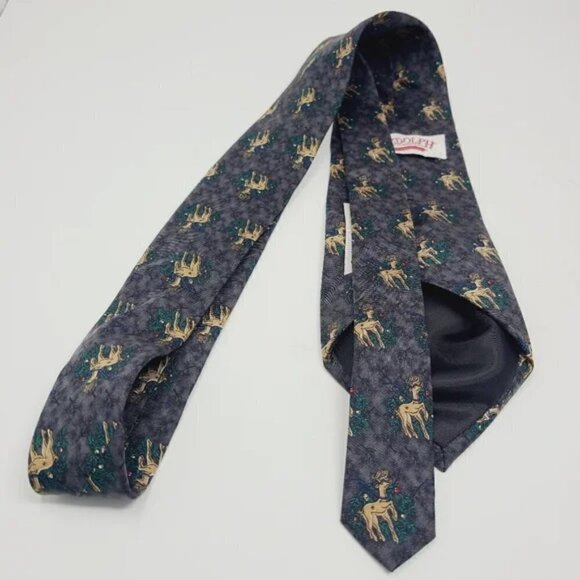 Rudolph Company | Men's Gray Reindeer & Mistletoe Print Christmas or Holiday Tie - Picture 4 of 10